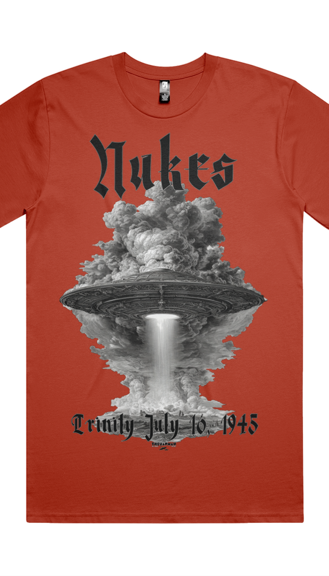 Red t-shirt with a graphic of an atomic bomb explosion and text on a white background