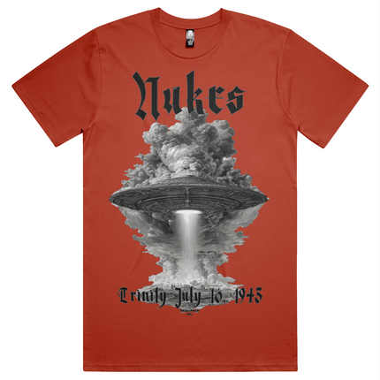 Red t-shirt with a graphic of an atomic bomb explosion and text on a white background