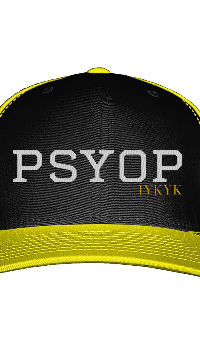 Black and yellow cap with 'PSYOP' and 'LYKYK' text on a white background