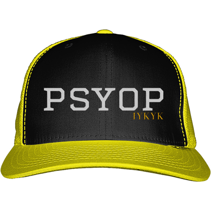 Black and yellow cap with 'PSYOP' and 'LYKYK' text on a white background