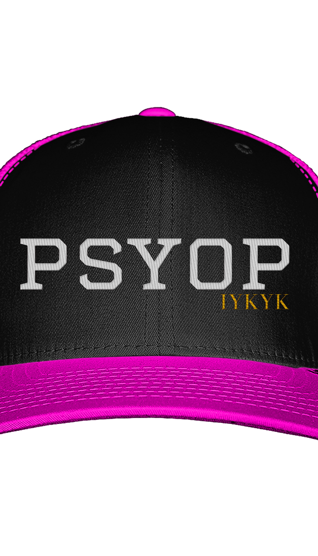 Black cap with pink rim and text 'PSYOP' and 'IFYKYK' on a white background