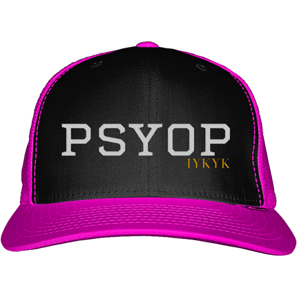 Black cap with pink rim and text 'PSYOP' and 'IFYKYK' on a white background
