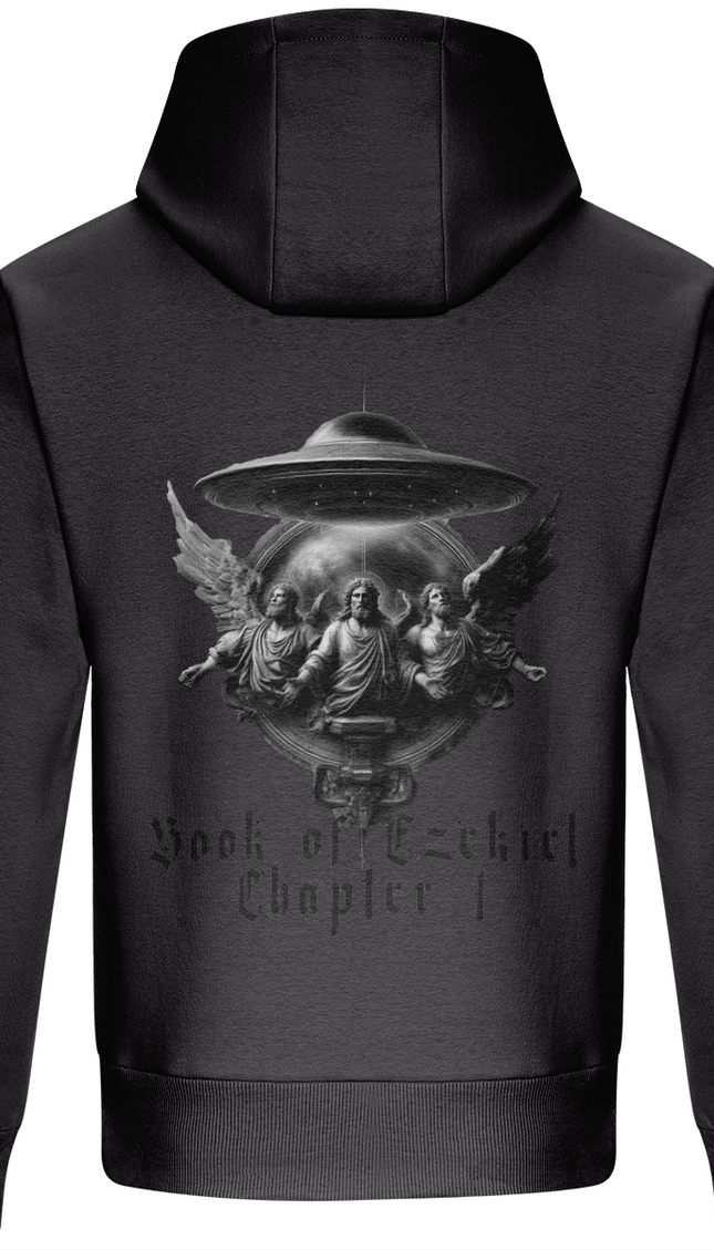 Black hoodie with a graphic design on the back featuring a UFO and religious figures, on a white background.