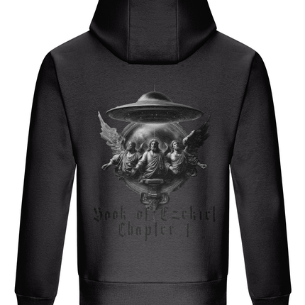 Black hoodie with a graphic design on the back featuring a UFO and religious figures, on a white background.