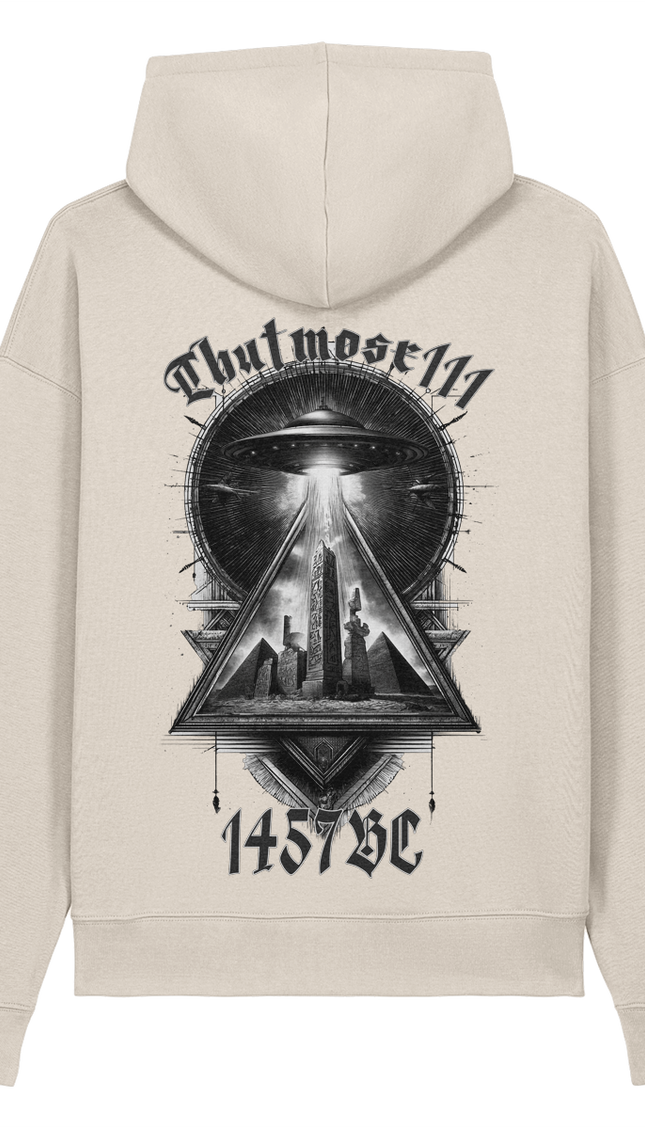 Beige hoodie with black graphic design on the back on a white background