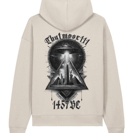 Beige hoodie with black graphic design on the back on a white background