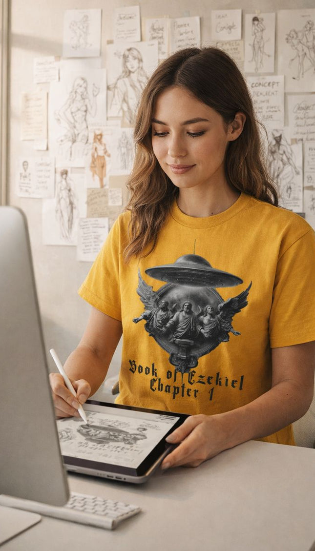 Woman in yellow t-shirt with graphic design sitting at a desk using a tablet.
