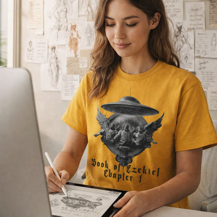 Woman in yellow t-shirt with graphic design sitting at a desk using a tablet.