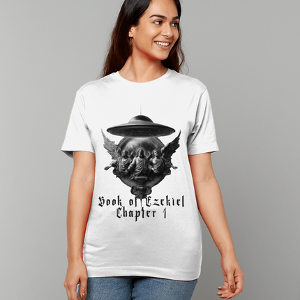 Woman wearing a white t-shirt with a graphic design and text on a gray background