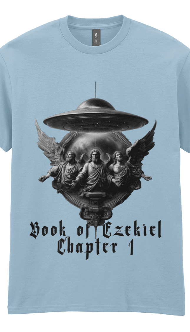 Light blue t-shirt with a graphic design featuring a UFO and religious iconography on a white background.