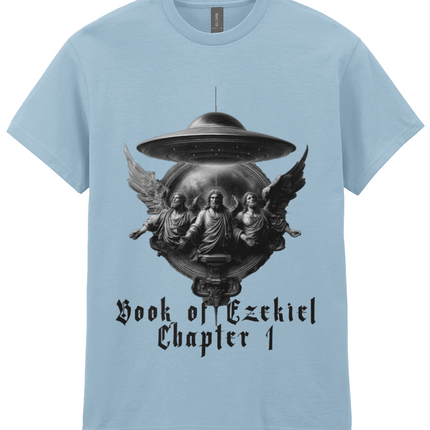 Light blue t-shirt with a graphic design featuring a UFO and religious iconography on a white background.