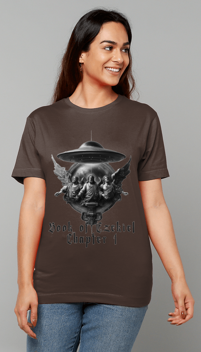 Woman wearing a brown t-shirt with a graphic design on a gray background