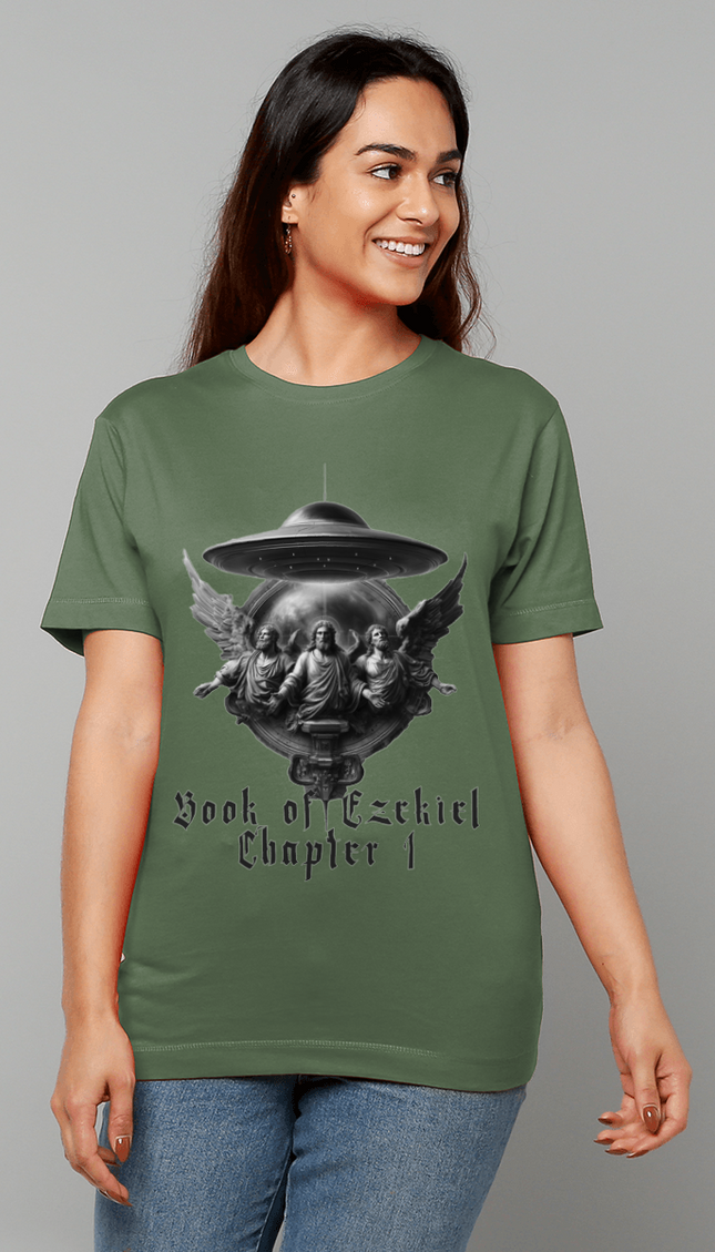 Woman wearing a green t-shirt with a graphic design on a gray background