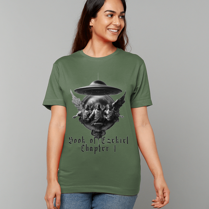 Woman wearing a green t-shirt with a graphic design on a gray background