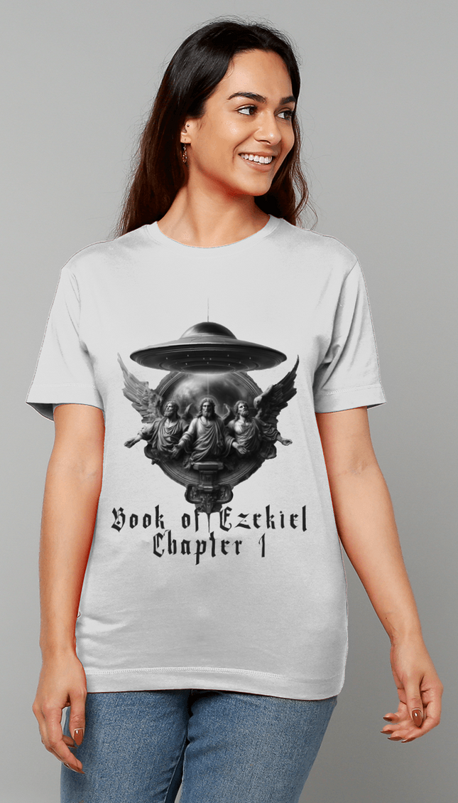 Woman wearing a t-shirt with a graphic design and text on a gray background