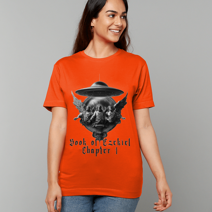 Woman wearing an orange t-shirt with a graphic design and text on a gray background