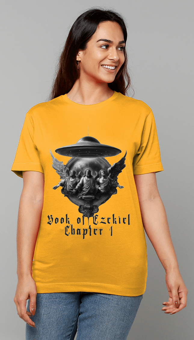 Woman wearing a yellow t-shirt with a graphic design and text on a gray background