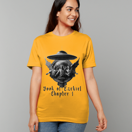 Woman wearing a yellow t-shirt with a graphic design and text on a gray background