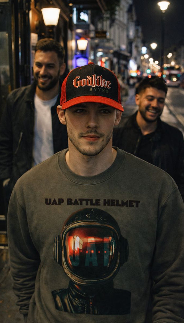 Man wearing a sweatshirt with a helmet graphic and 'UAP Battle Helmet' text, standing on a street at night.