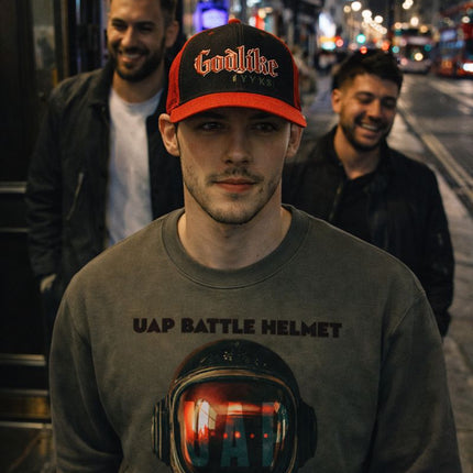 Man wearing a sweatshirt with a helmet graphic and 'UAP Battle Helmet' text, standing on a street at night.