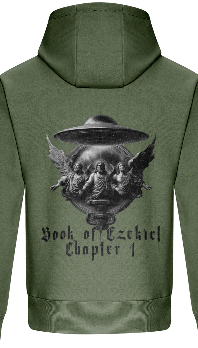 Green hoodie with a graphic design on the back featuring a UFO and text 'Book of Ezekiel Chapter 1'.