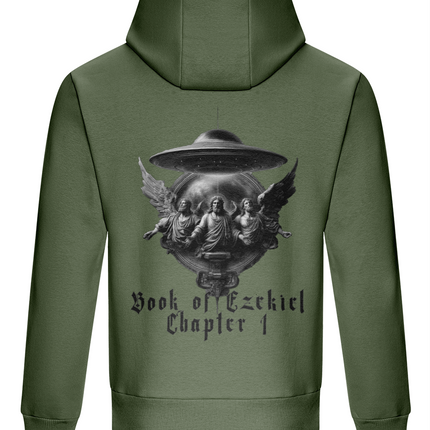 Green hoodie with a graphic design on the back featuring a UFO and text 'Book of Ezekiel Chapter 1'.