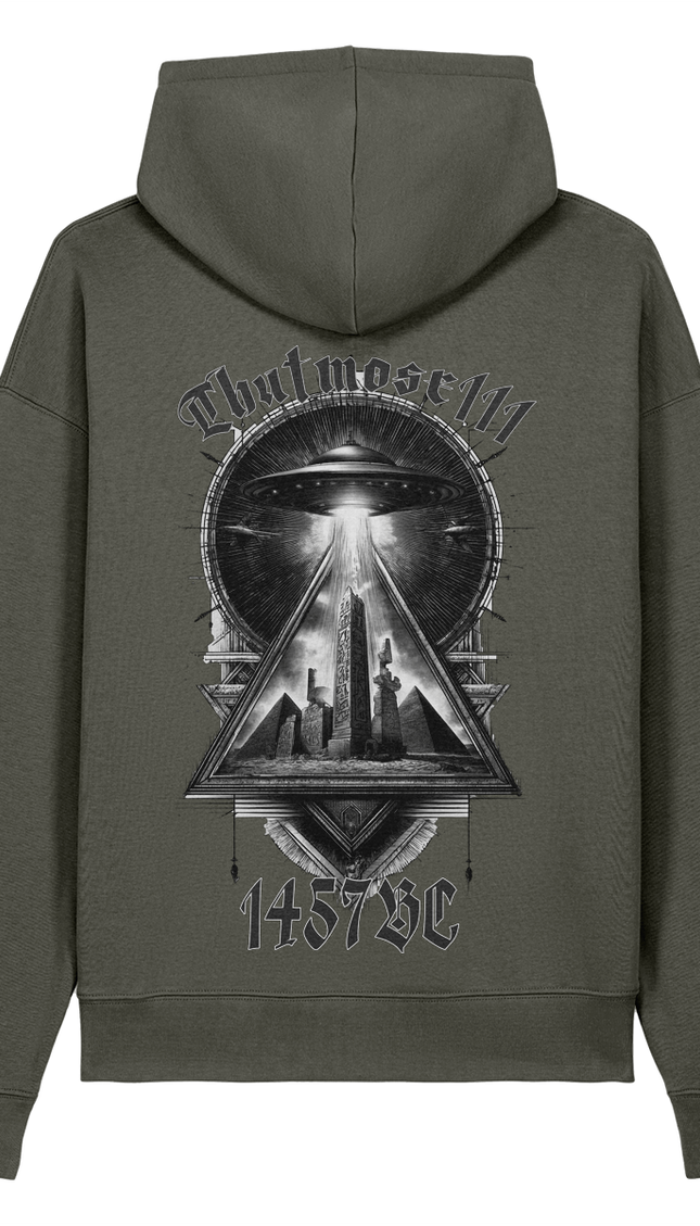 Green hoodie with a graphic design on the back against a white background