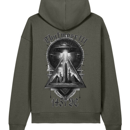 Green hoodie with a graphic design on the back against a white background