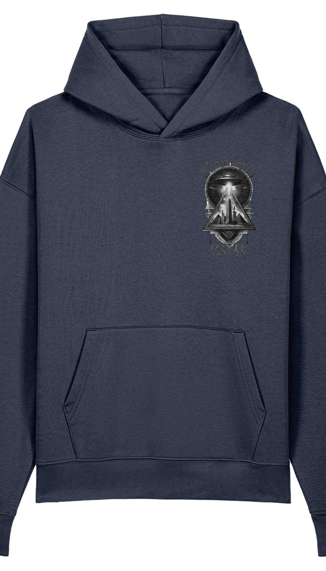 Navy blue hoodie with a graphic design on the chest against a white background