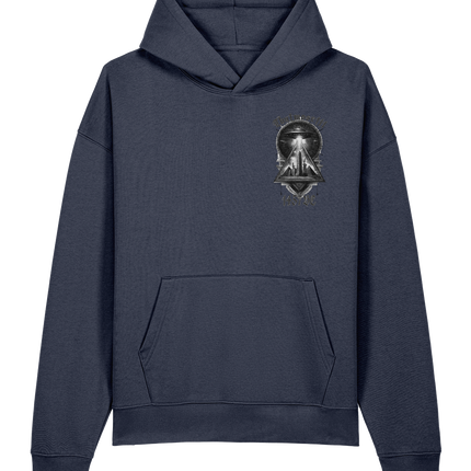 Navy blue hoodie with a graphic design on the chest against a white background