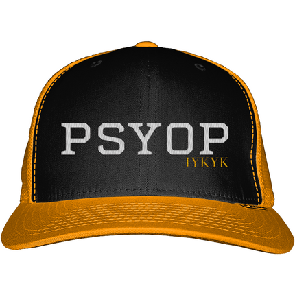 Black and yellow cap with 'PSYOP' and 'IYKYK' text on a white background