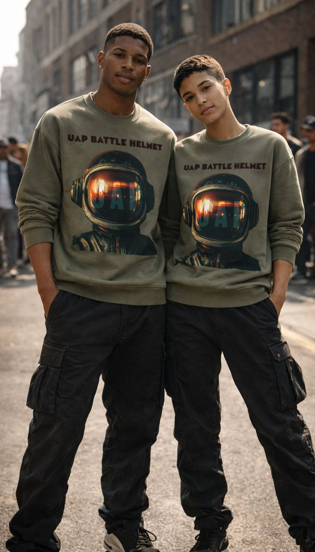 Two people wearing matching sweatshirts with a helmet graphic on a city street.