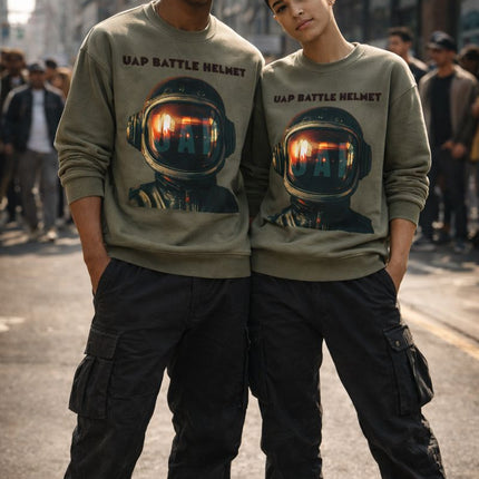 Two people wearing matching sweatshirts with a helmet graphic on a city street.