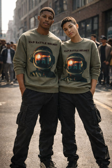 Two people wearing matching sweatshirts with a helmet graphic on a city street.