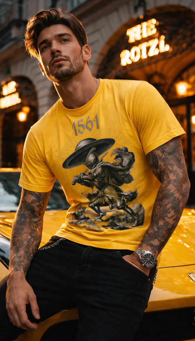 UFO T-Shirt, UAP T-Shirt Man wearing a yellow t-shirt with a graphic design in front of a neon sign.
