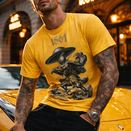 UFO T-Shirt, UAP T-Shirt Man wearing a yellow t-shirt with a graphic design in front of a neon sign.