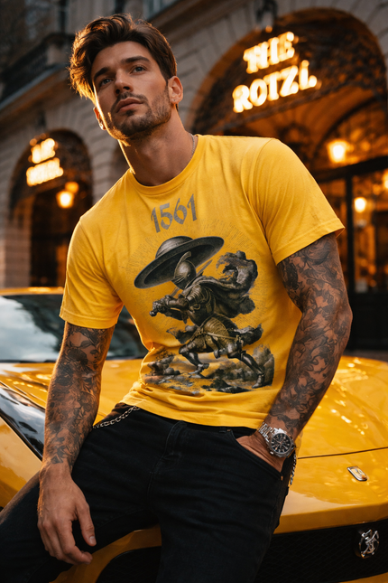 UFO T-Shirt, UAP T-Shirt Man wearing a yellow t-shirt with a graphic design in front of a neon sign.