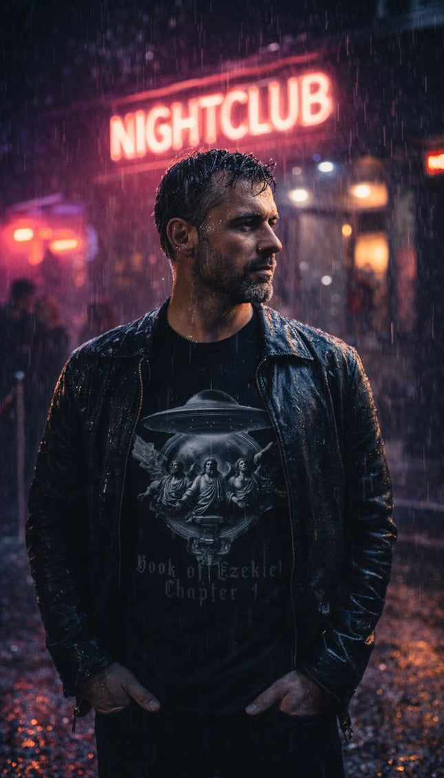 UFO_T-Shirt - Man standing in front of a nightclub with neon signs in the rain
