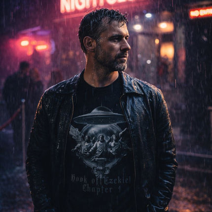 UFO_T-Shirt - Man standing in front of a nightclub with neon signs in the rain