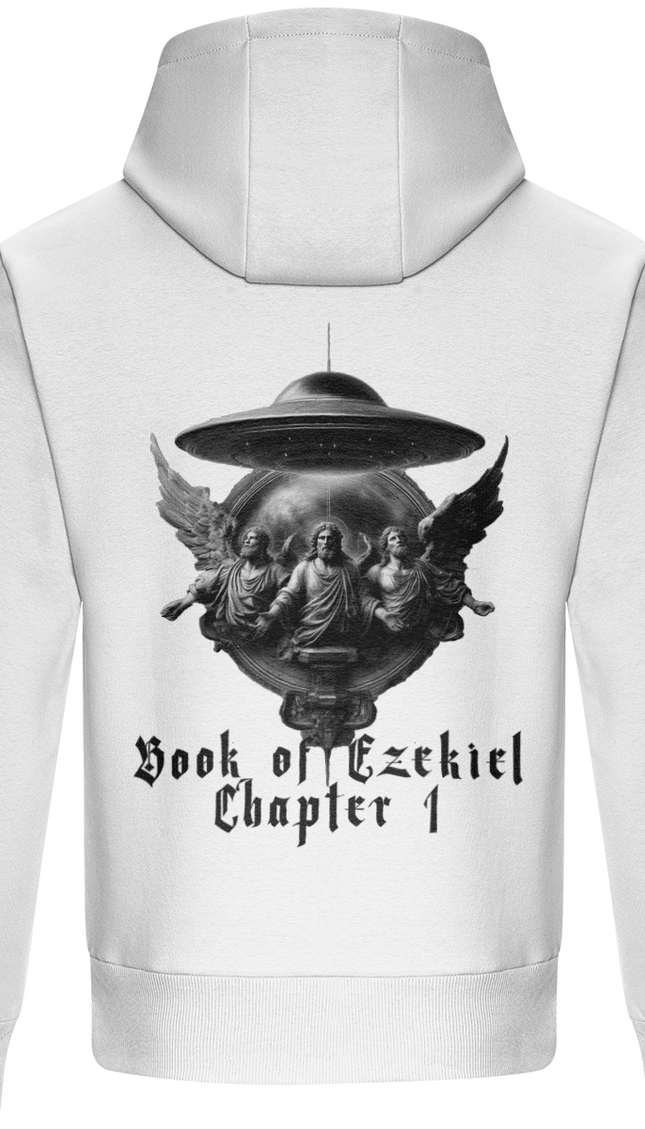 White hoodie with a graphic design and text on the back against a white background