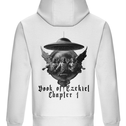 White hoodie with a graphic design and text on the back against a white background