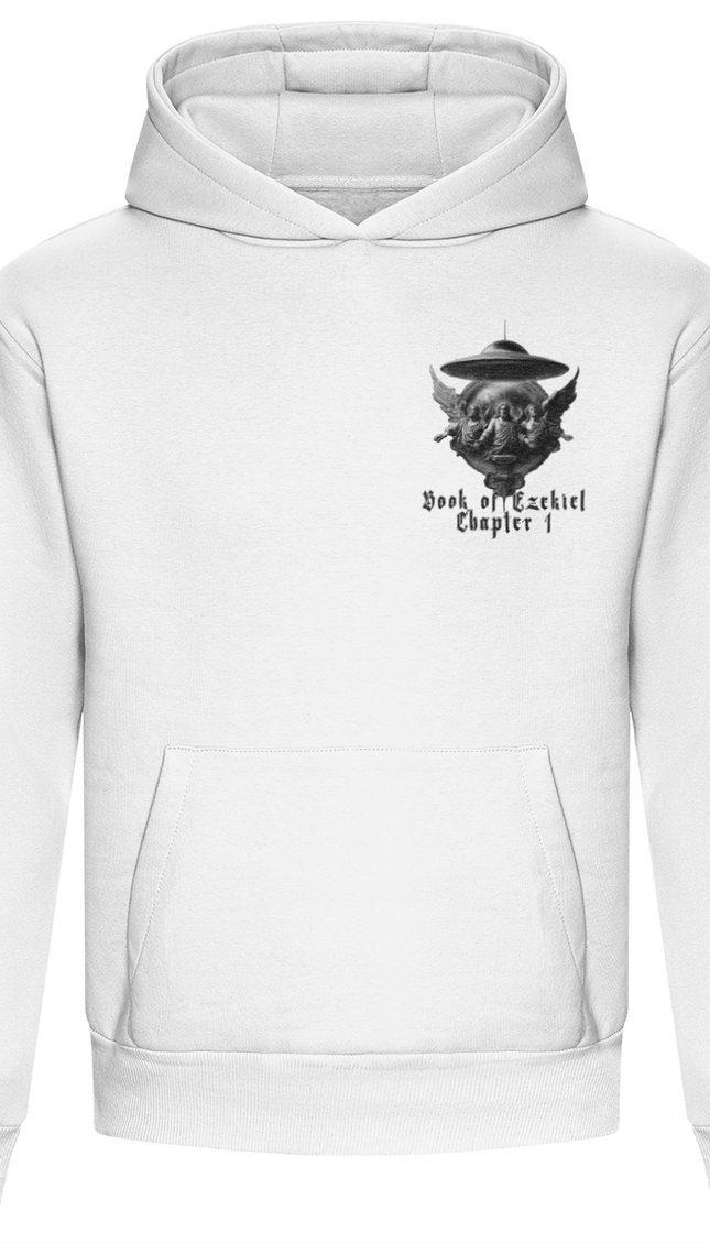 White hoodie with a black graphic design on a white background