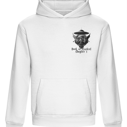 White hoodie with a black graphic design on a white background