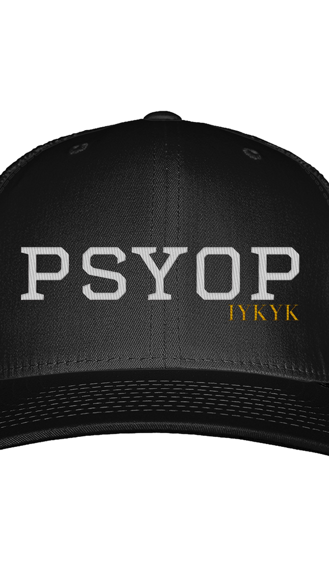 Black cap with 'PSYOP' and 'FYKYK' text on a white background