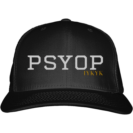 Black cap with 'PSYOP' and 'FYKYK' text on a white background