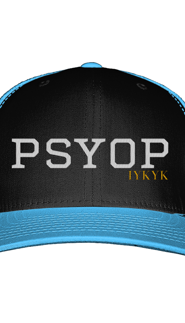 Black cap with blue bill featuring 'PSYOP' and 'TYKYK' text on a white background