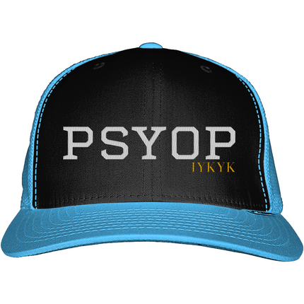 Black cap with blue bill featuring 'PSYOP' and 'TYKYK' text on a white background
