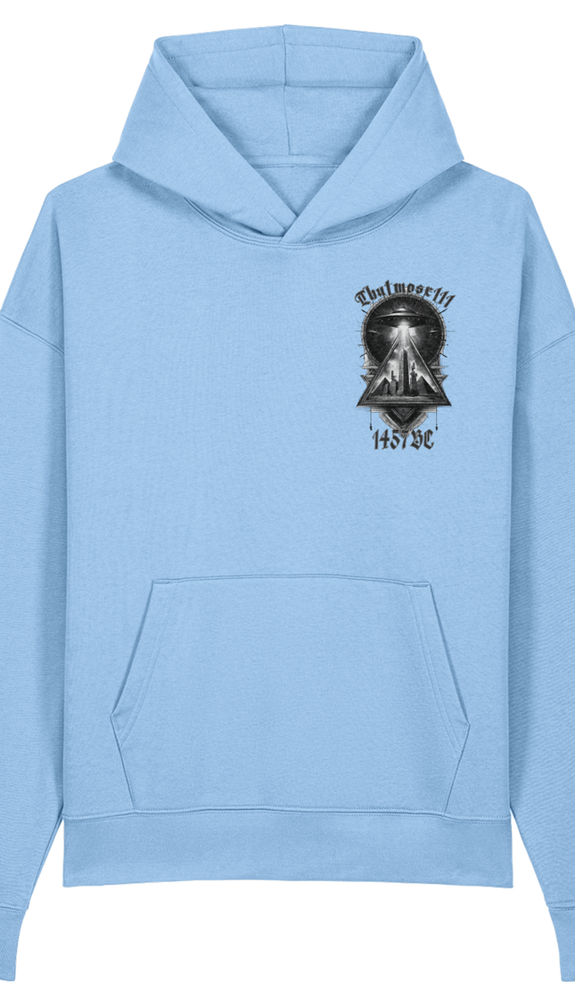 Light blue hoodie with a graphic design on the chest against a white background