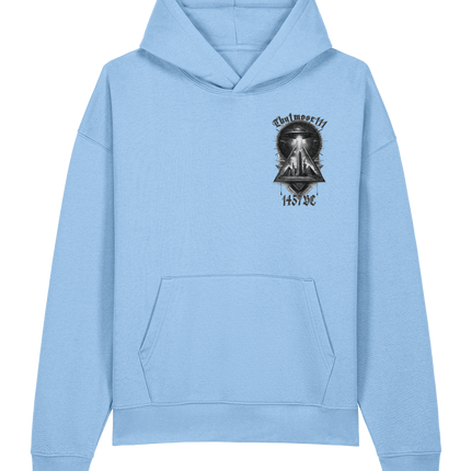 Light blue hoodie with a graphic design on the chest against a white background