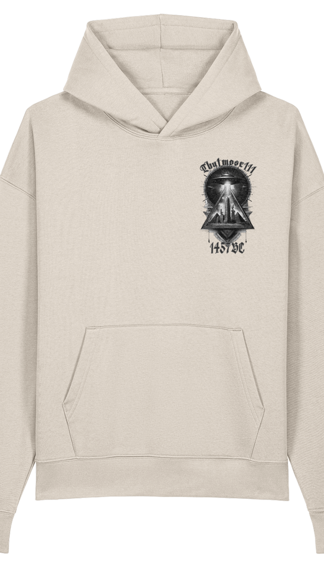 Beige hoodie with a black graphic design on a white background